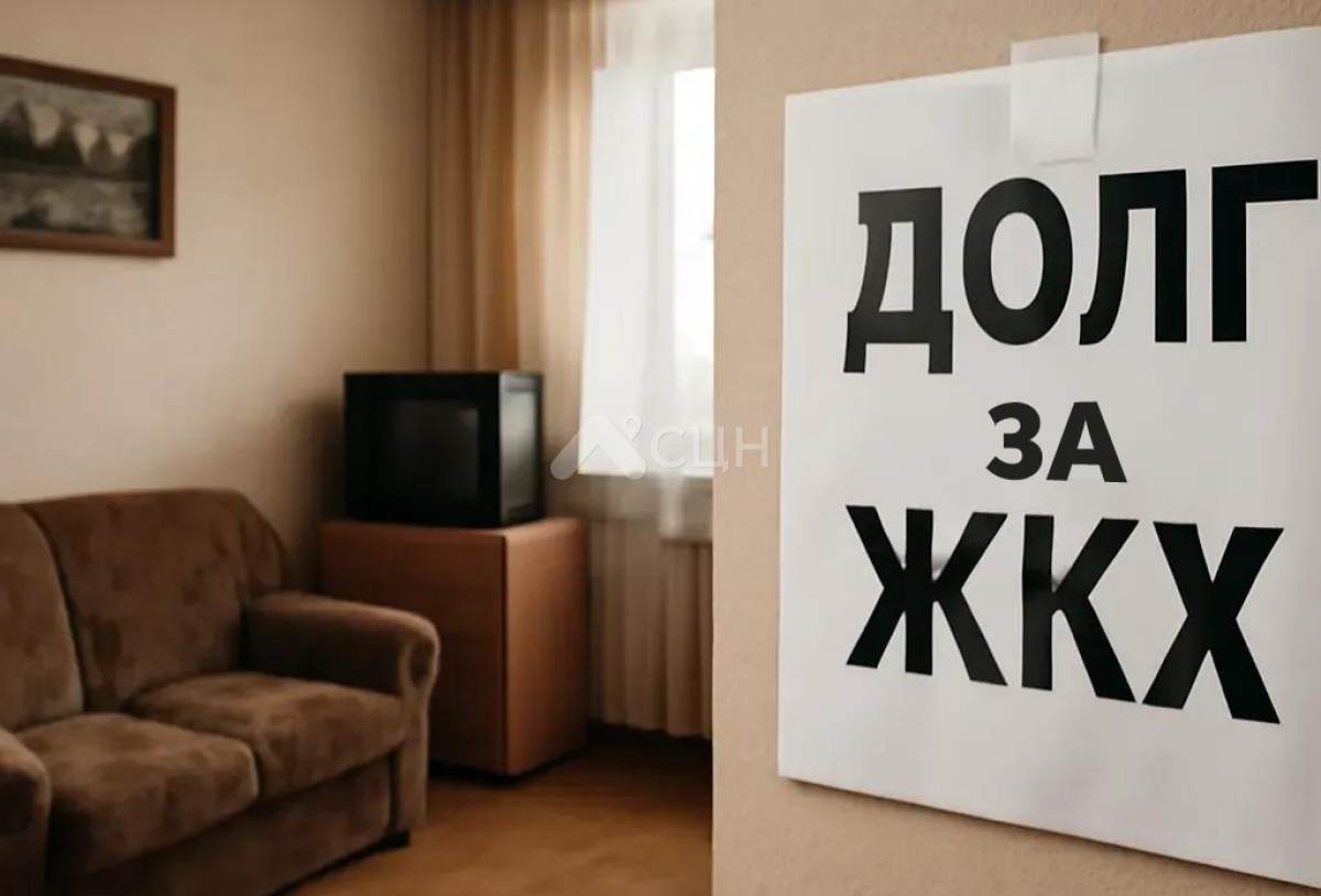 На картинке изображена комната в квартире и на стене листок с надписью Долг за ЖКХ