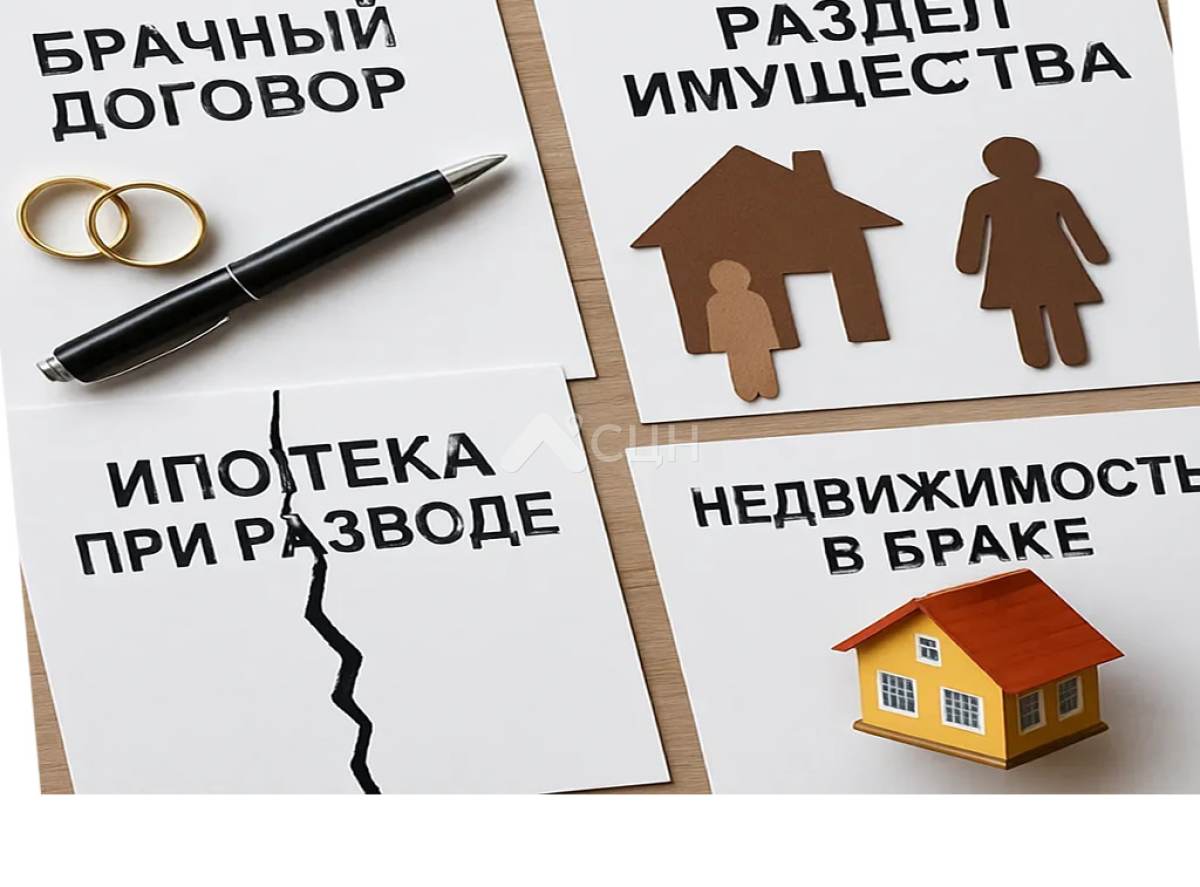 На фото изображены: брачный договор, раздел имущества, ипотека при разводе, недвижимость в браке