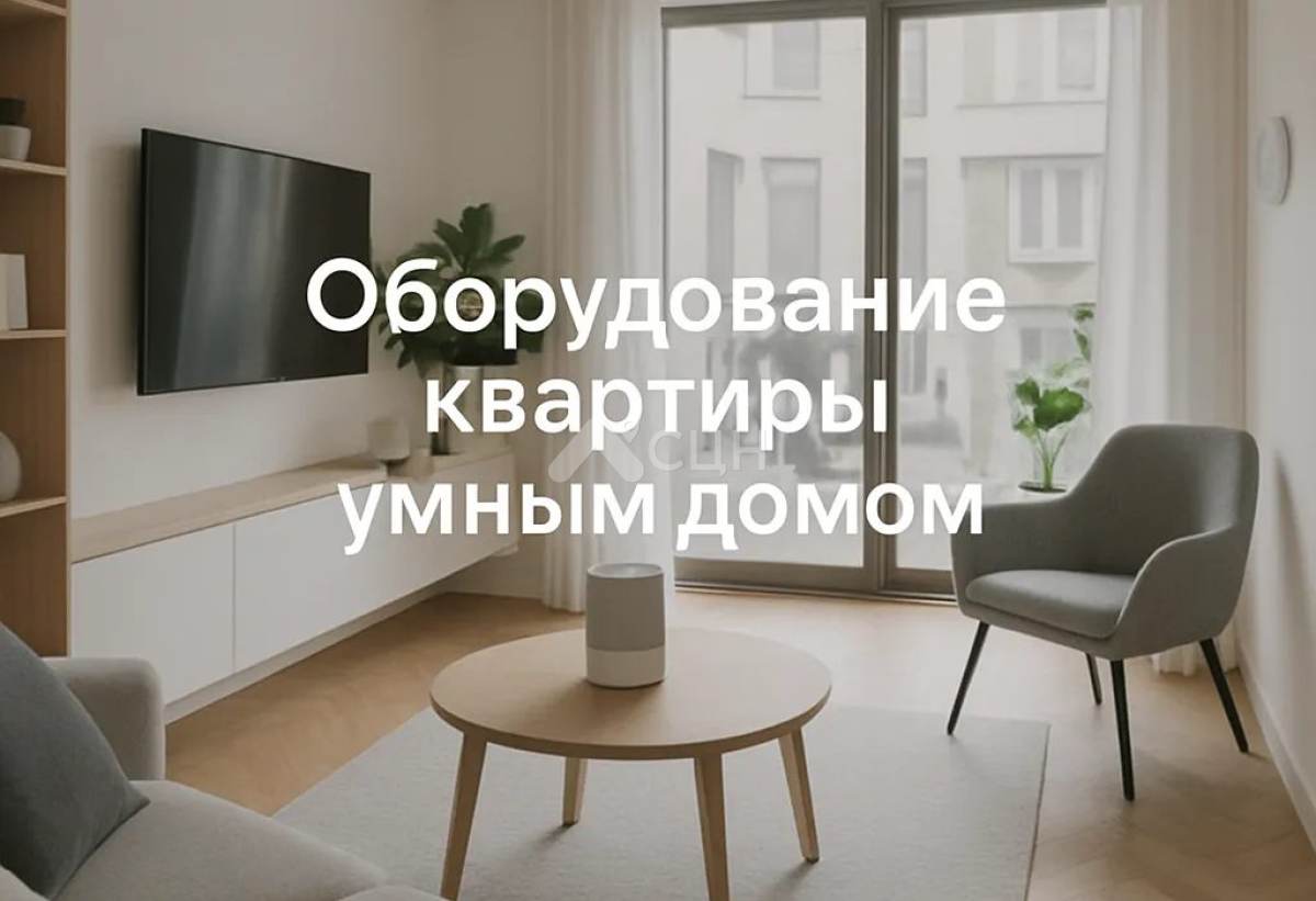 На фото изображена гостиная в квартире с колонкой Алиса и на фото надпись "оборудование квартиры Умным домом"