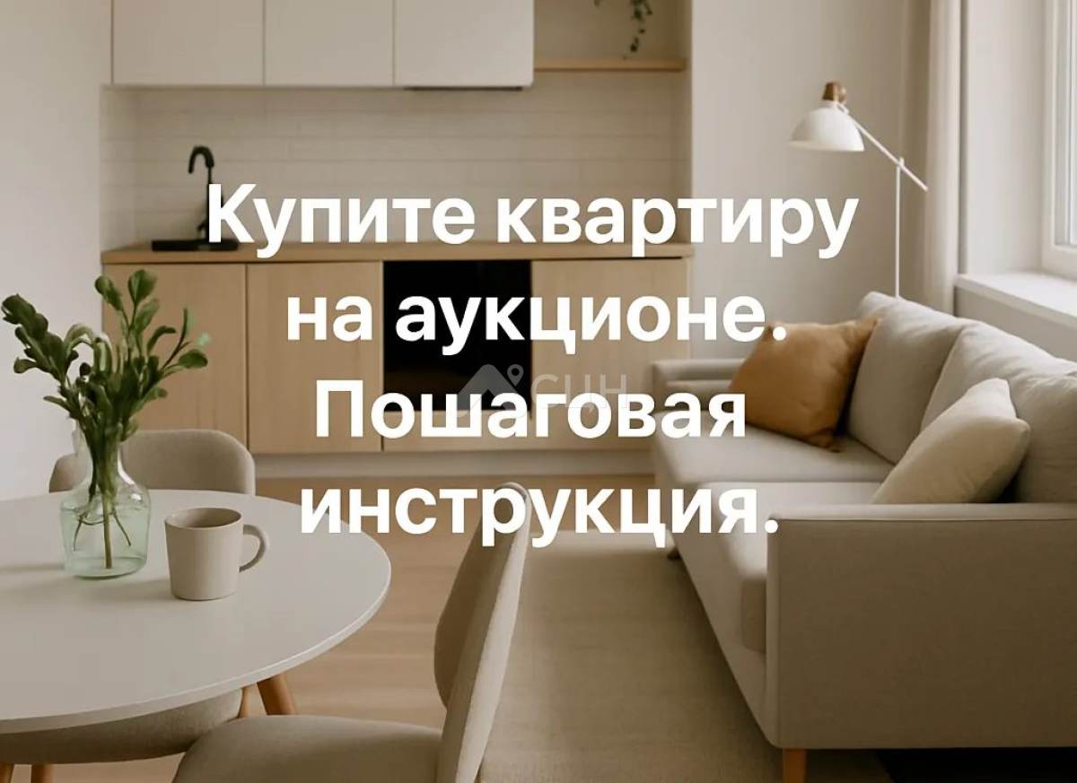 На фото изображена кухня-гостиная, а на картинке надпись "Купите квартиру на аукционе"