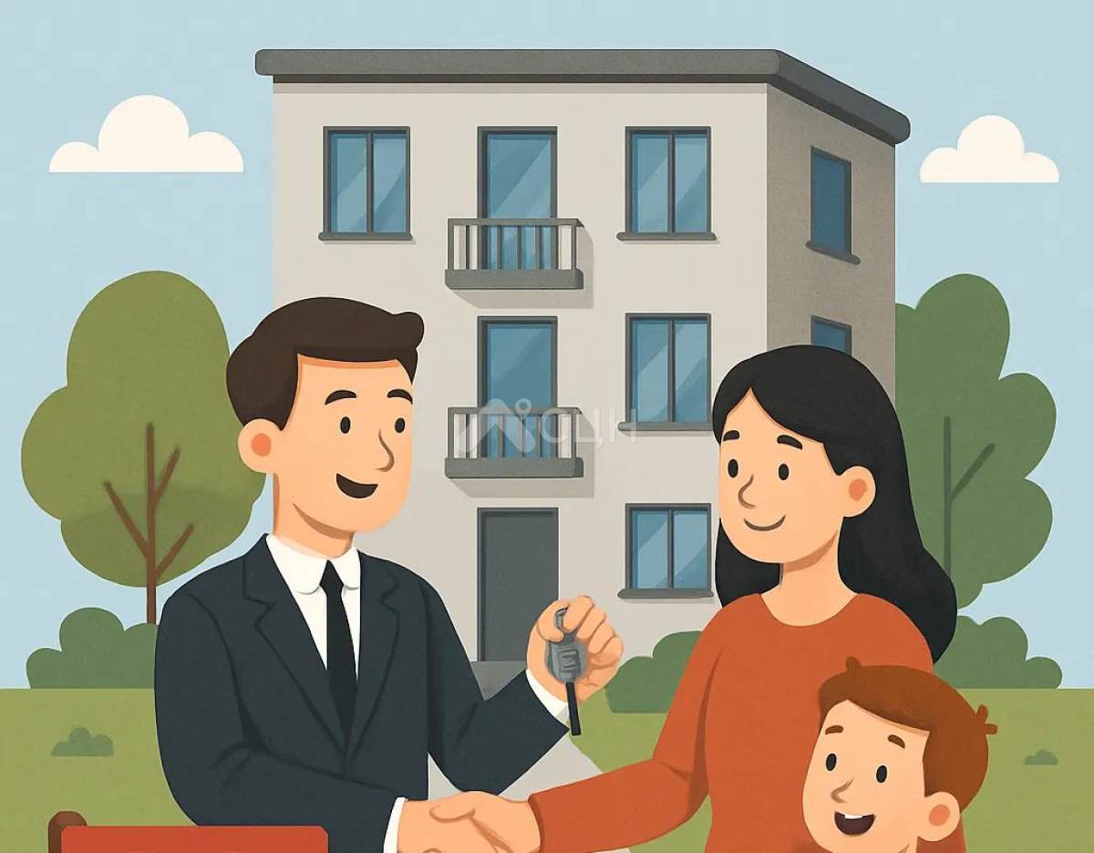 На картинке счастливая семья получает ключи от арендной квартиры